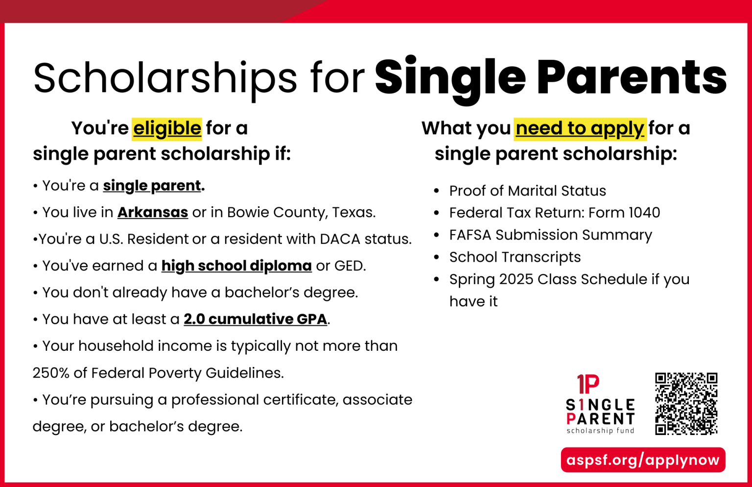 ASPSF Accepting Applications for Spring 2025 Single Parent Scholarships